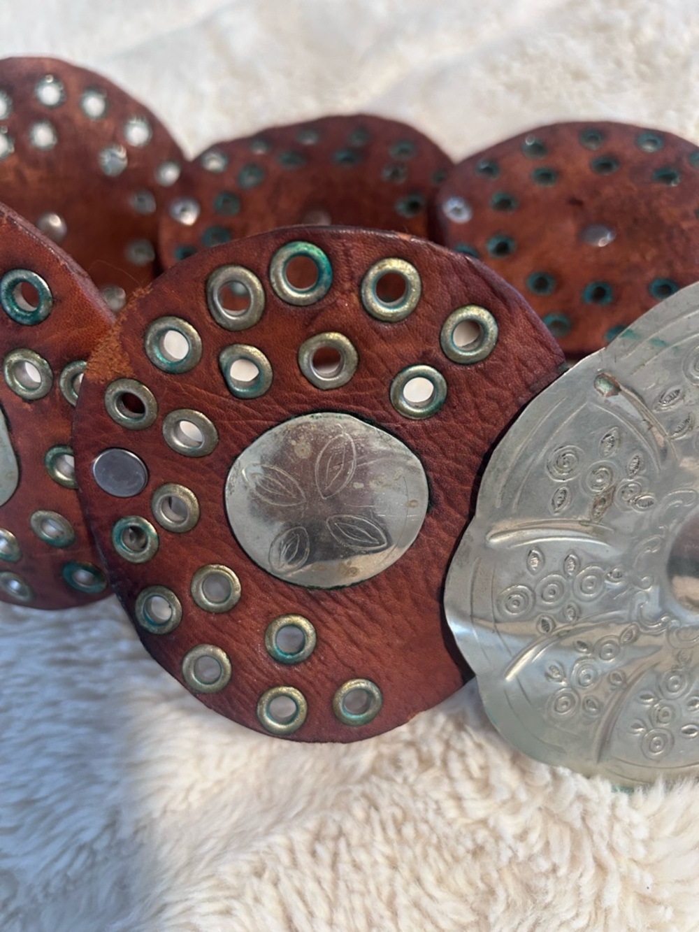 Boho Round Leather Concho Belt with Silver Medallions - Brown - Picture 5 of 6